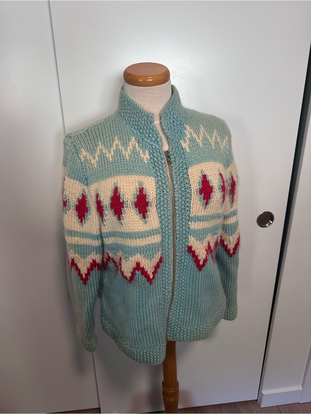 Vintage Light Teal Zip-Front Nordic Pattern wool blend Sweater
